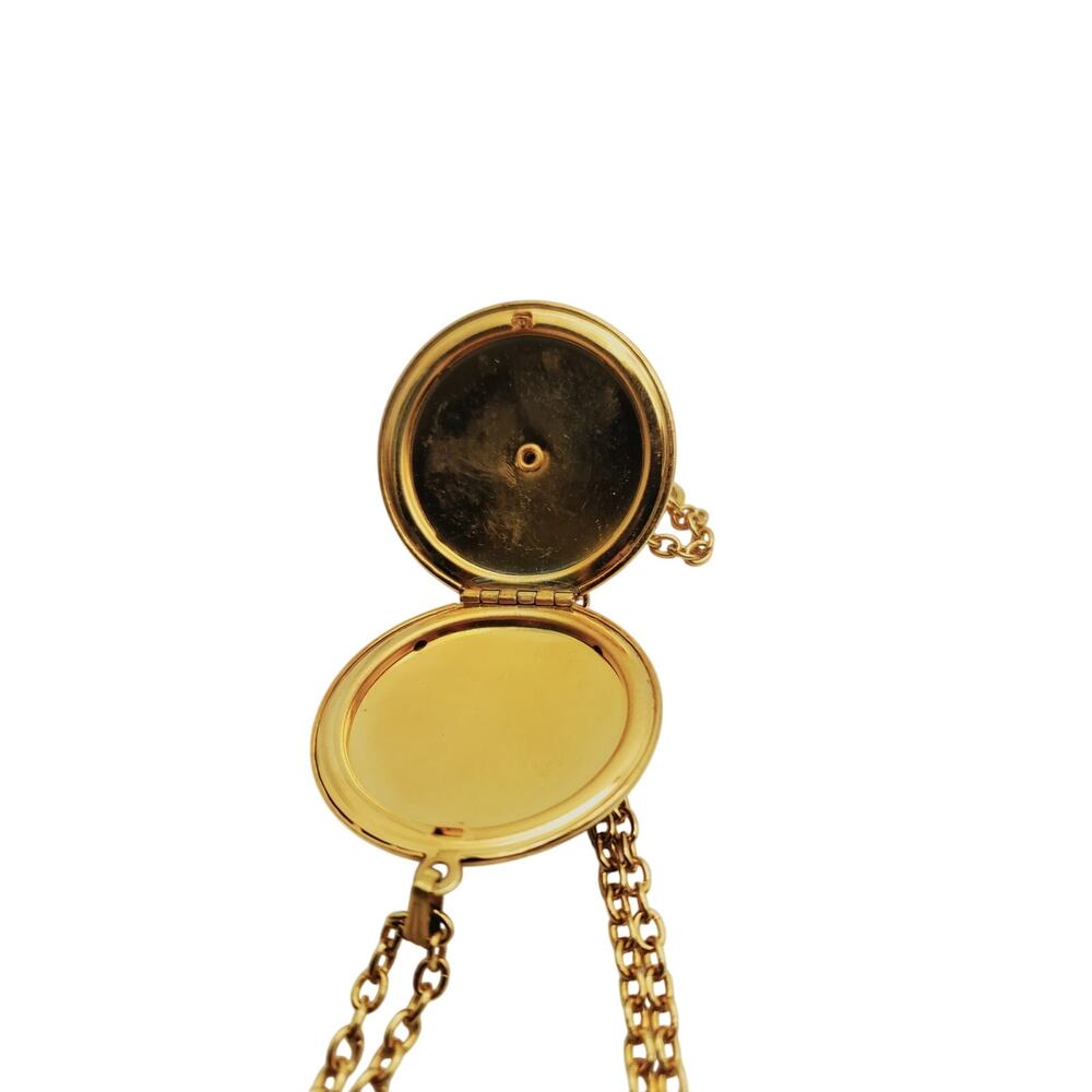 Red Enamel Locket Necklace Gold Tone Chain Tiny Faux Pearl Flower Guilloche Vtg - Picture 8 of 12